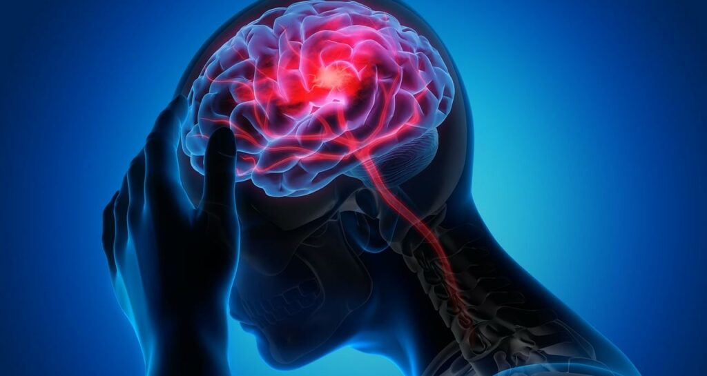 Image d'une cerveau en transparence avec une douleur représentée au centre et rouge.