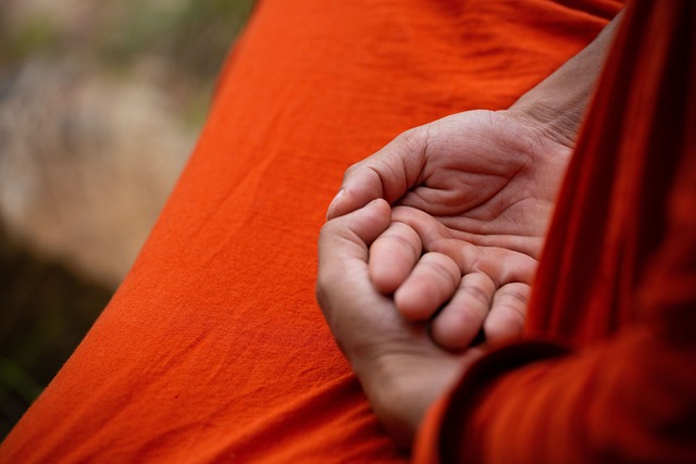 Image d'un moine tibétain qui joint ses deux mains l'une sur l'autre